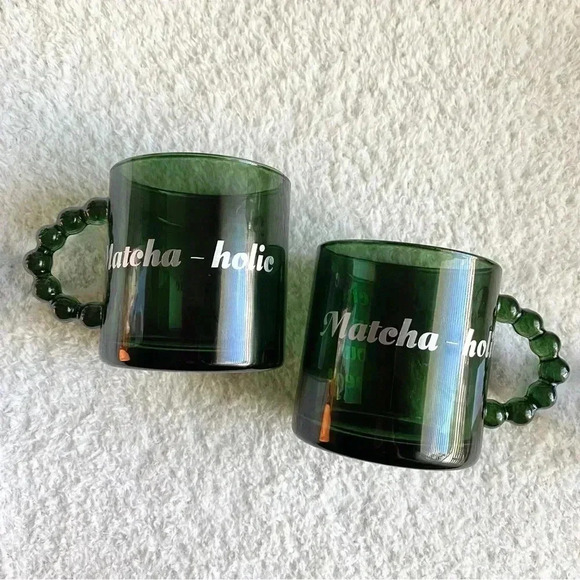 Green Glass Beaded Handle Matcha Mugs - Set of 2 - Picture 3 of 6